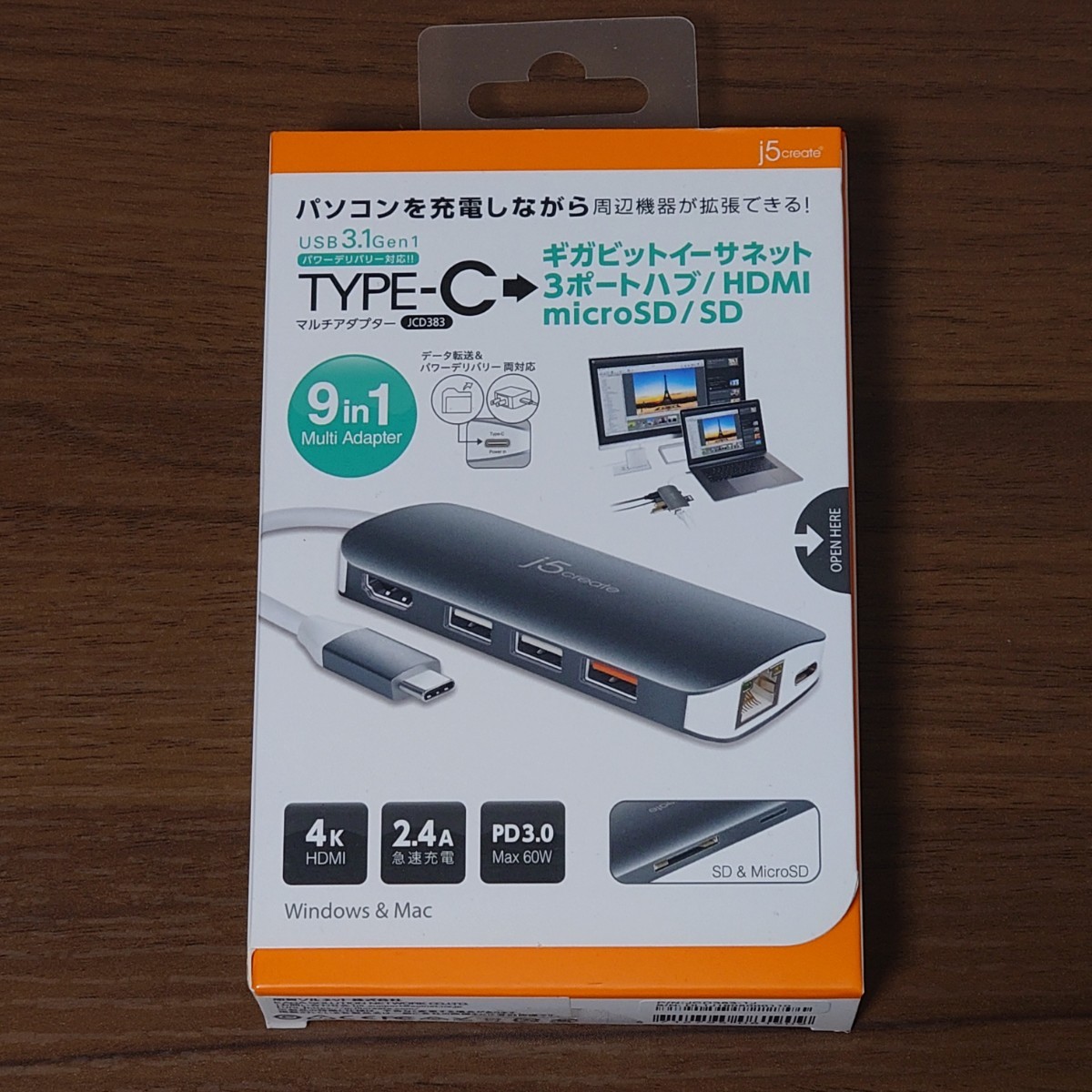 新品未開封品 j5 create JCD383 USB Type-C 9 in 1 マルチアダプター /MacBook Pro Surface iPad HDMI LAN USB SDXC_画像1