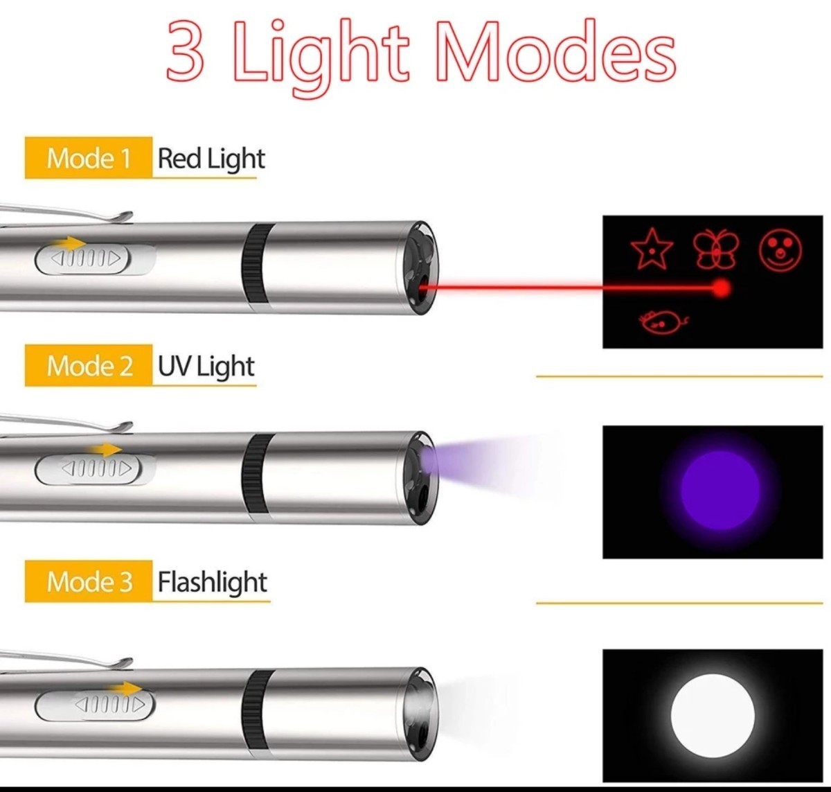 未使用　猫、犬のおもちゃ　ライト　ペット　3モード（赤色光、LED白色懐中電灯、UV光）　USB充電式　シルバー　おもちゃポインター_画像6