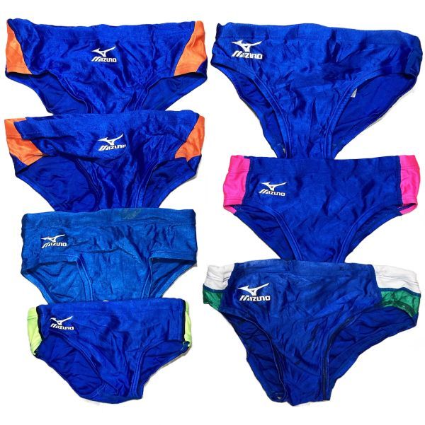 27【整理品リサイクル】MIZUNOスイミングマーキングなど競泳水着7枚セット★競パン★(110～S)★光沢ブルー・サイドラインなど_画像1