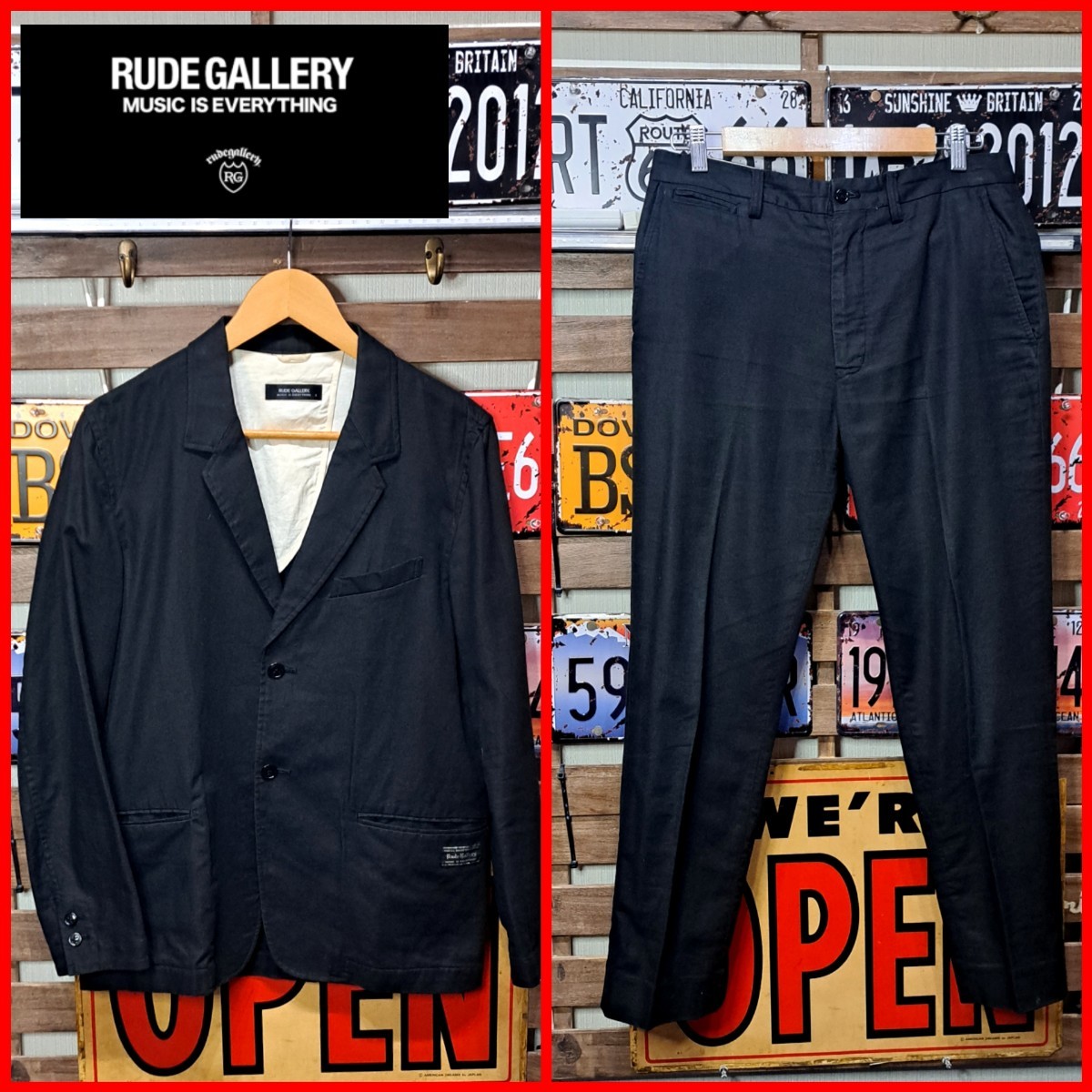 【リネン混】RUDE GALLERY ルードギャラリー　セットアップ　2pece スーツ　ジャケパン　Lサイズ　ブラック　クロップドパンツ