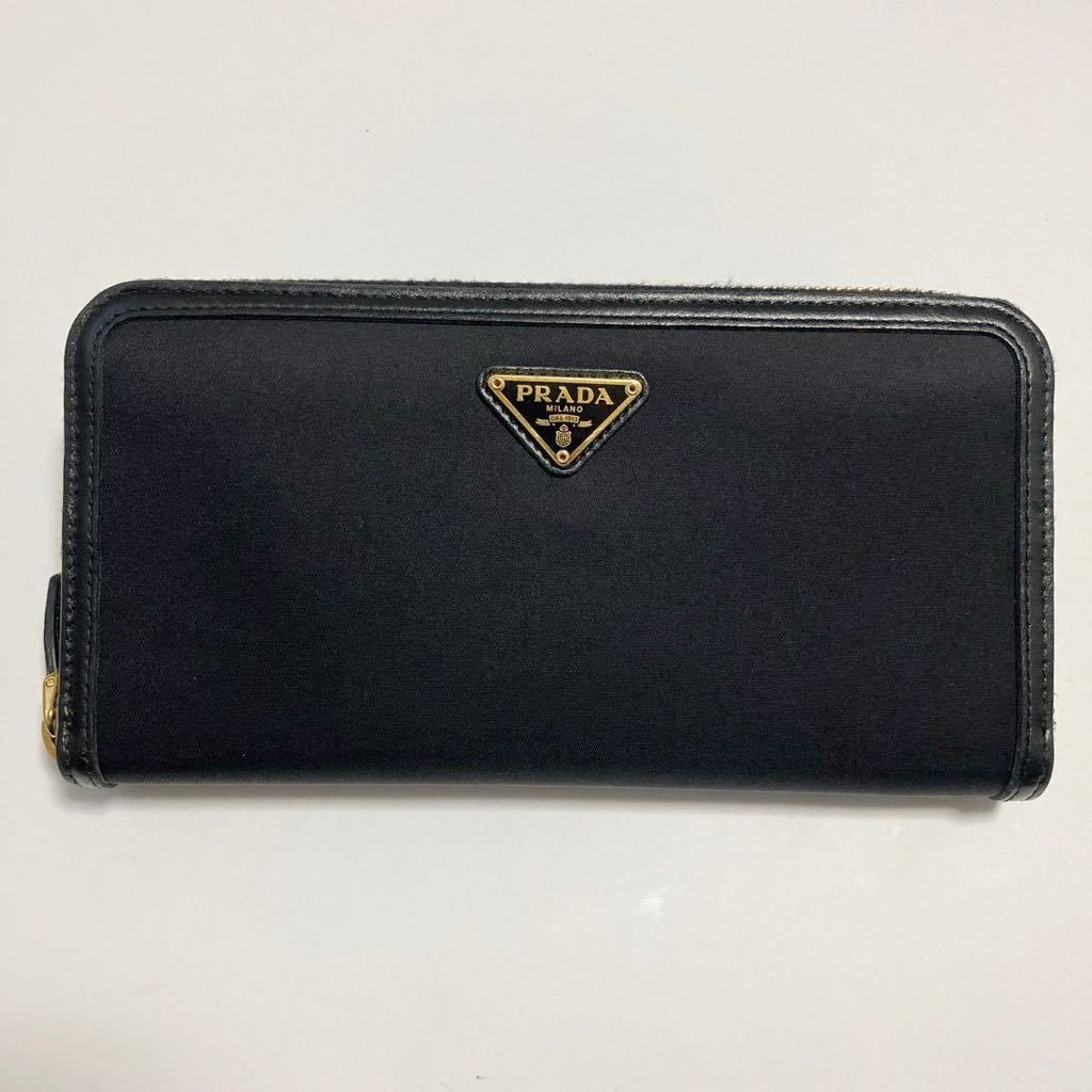 ★中古美品 PRADA プラダ ラウンドファスナー ジップ 長財布 テスート 三角 ゴールドロゴ 黒【鑑定済み 本物保証】