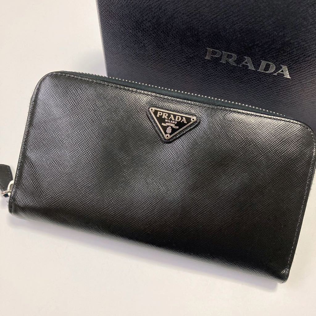 ★PRADA プラダ ラウンドファスナー ジップ 長財布 サフィアーノ 三角ロゴ ブラック 黒【鑑定済み 本物保証】