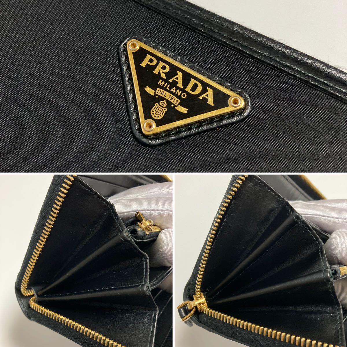 ★中古美品 PRADA プラダ ラウンドファスナー ジップ 長財布 テスート 三角 ゴールドロゴ 黒【鑑定済み 本物保証】