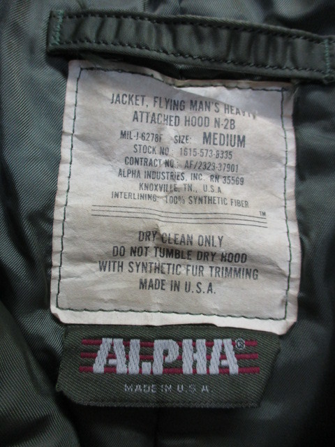 USA製　ALPHA　アルファ　N-2B　メンズL　フライトジャケット　N-3B　ミリタリージャケット　ボンバージャケット　中綿ジャンパー　11091_画像2