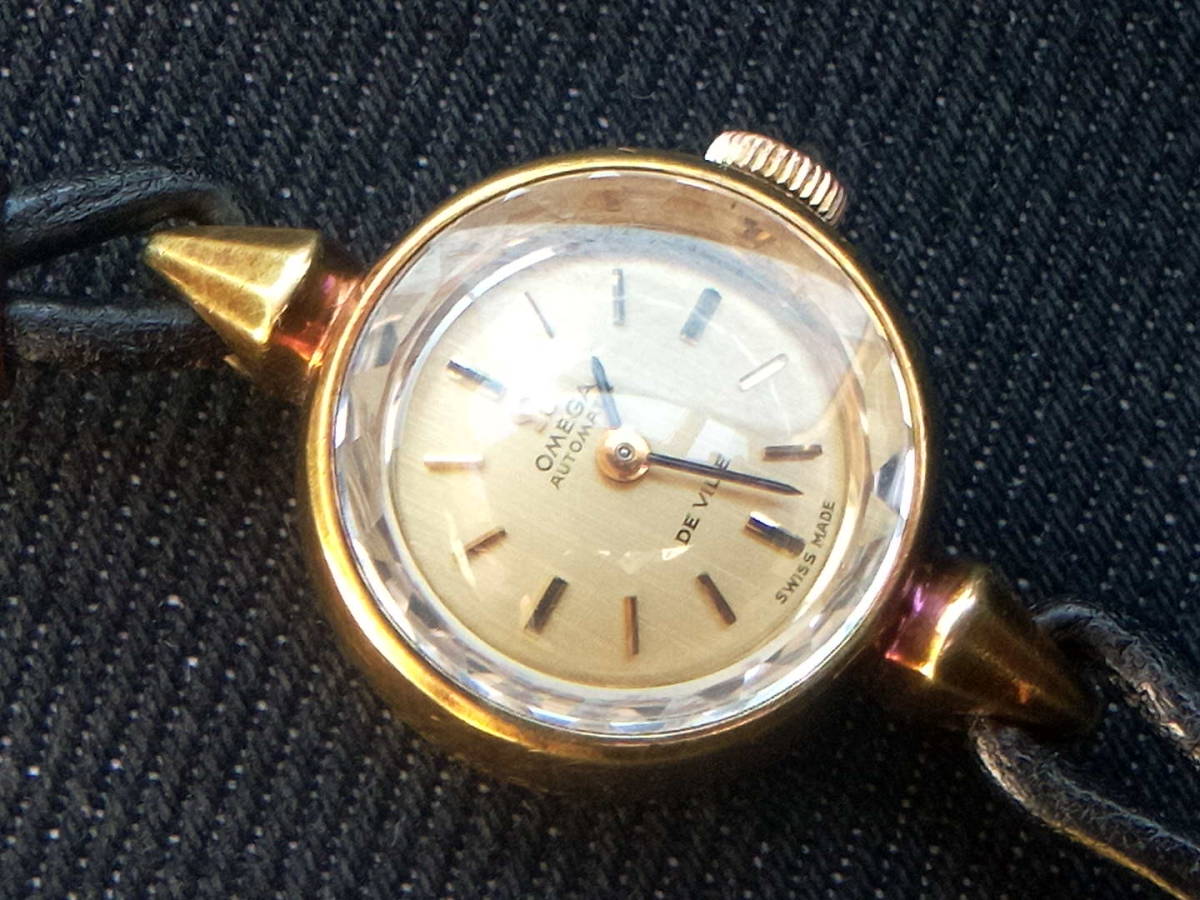 美品アンティークOMEGAオメガデビル自動巻き（手巻き付き）レディース腕時計カットガラス18K20ミクロンGP純正バックルレザーワイヤー