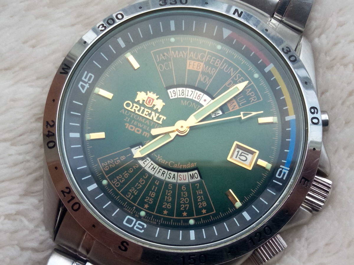 美しいグリーン文字盤　オリエント万年カレンダー EU03-C0 43mmビッグサイズメンズ自動巻き腕時計