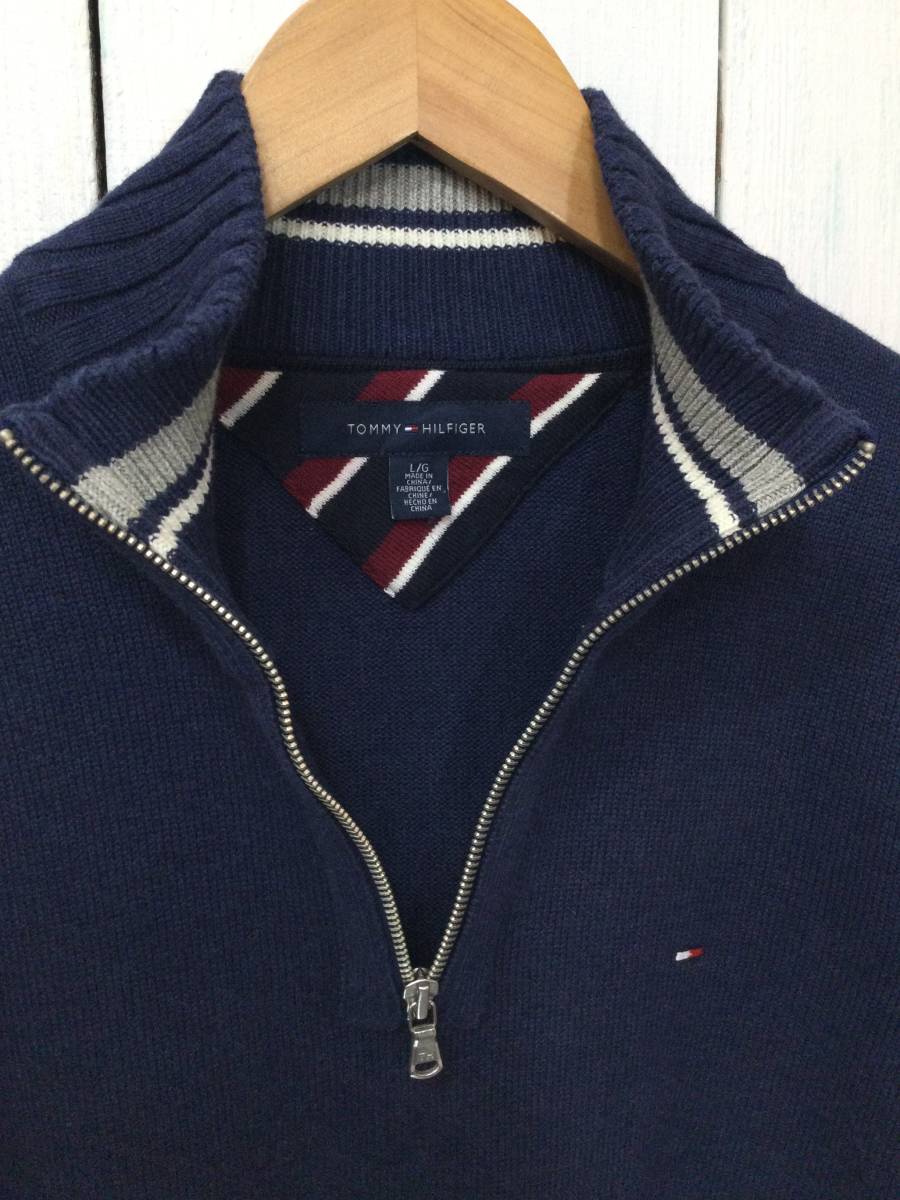 TOMMY HILFIGER トミーヒルフィガー 美品 ハーフジップ ニット セーター コットンニット 胸ロゴ メンズL 良品綺麗_画像3