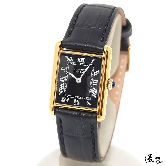 [OH ending ] Cartier Must Tank LM hand winding ultimate beautiful goods Vintage black face men's wristwatch Cartier. shop 