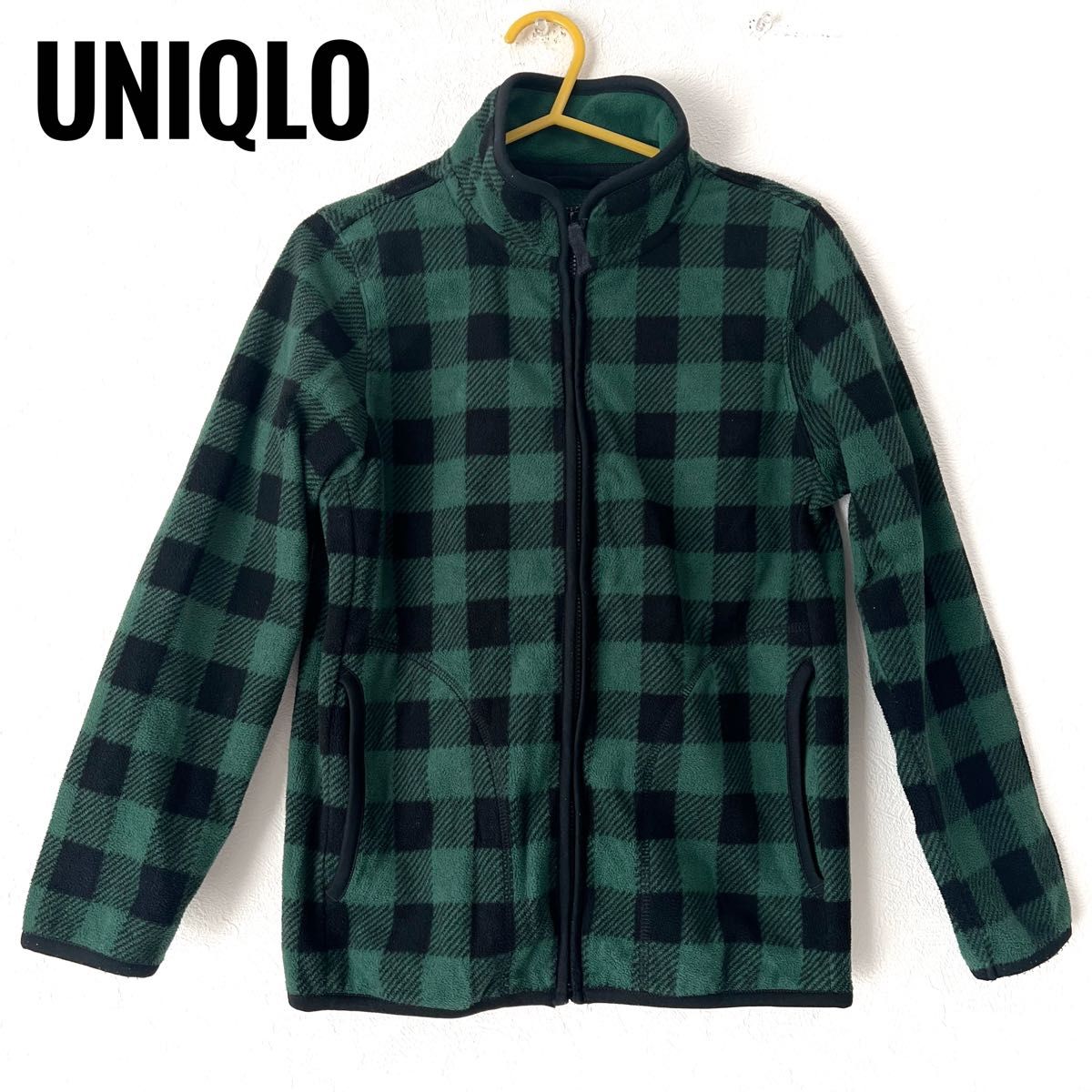 【美品】UNIQLO 140 フリース　アウター　チェック柄　ブラック　グリーン　上着　 ユニクロ ジャケット