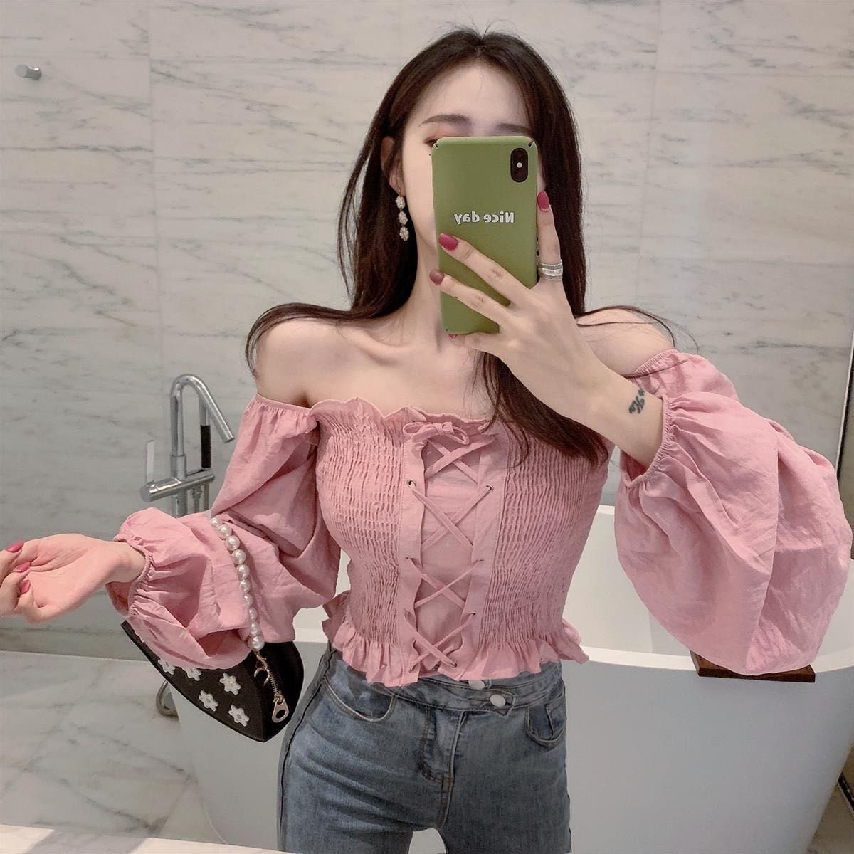 肩出しカットソー ピンク コルセット風 韓国ファッション かわいい フリーサイズ