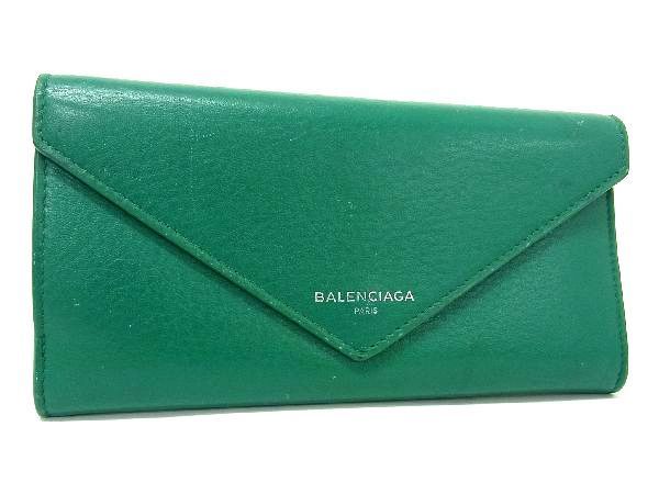 1円 BALENCIAGA バレンシアガ 499207 ペーパー レザー 二つ折り 長財布 ウォレット メンズ レディース グリーン系 AU0158_画像1