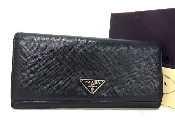 1円 PRADA プラダ M201A サフィアーノレザー 二つ折り 長財布 ウォレット 小銭入れ 札入れ メンズ レディース ブラック系 AT0798_画像1