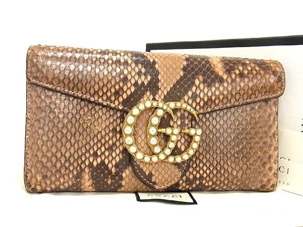 1円 ■極上■本物■美品■ GUCCI グッチ 400586 GGマーモント パイソン パール 二つ折り 長財布 ウォレット レディース ブラウン系 AU0392_画像1