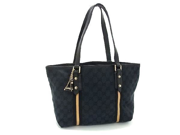 1円 ■美品■ GUCCI グッチ 137396 GG柄 GGキャンバス×レザー トートバッグ ハンドバッグ レディース メンズ ダークネイビー系 BF3538_画像1