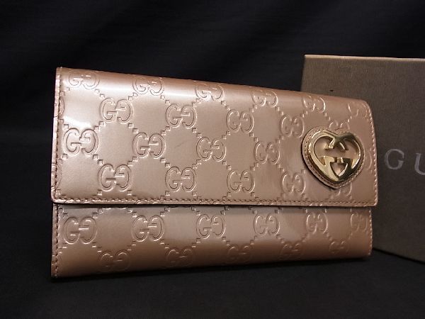 1円 ■美品■ GUCCI グッチ 251861 ラブリーハート GG柄 パテントレザー 二つ折り 長財布 ウォレット レディース ピンク系 AU0164_画像1