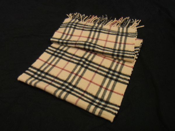 1円 ■美品■ BURBERRY バーバリー ノバチェック カシミヤ100％ フリンジ マフラー ストール 防寒具 レディース ベージュ系 AJ7869ハM_画像3