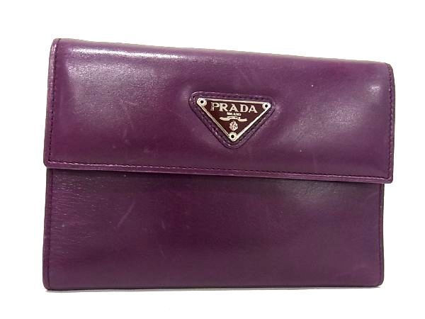 1円 ■美品■ PRADA プラダ レザー 三つ折り 財布 ウォレット 札入れ 小銭入れ カード入れ レディース パープル系 CB1318_画像1