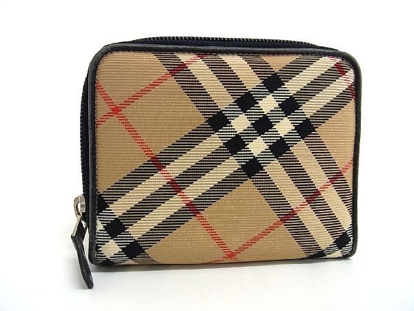 1円 BURBERRY バーバリー チェック柄 キャンバス×レザー ラウンドファスナー 二つ折り 財布 ウォレット ベージュ系 CB1325_画像1