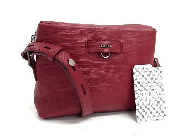 1円 ■新品同様■ FURLA フルラ レザー ショルダーバッグ ポシェット 斜め掛けかばん レディース レッド系 BE6820_画像1