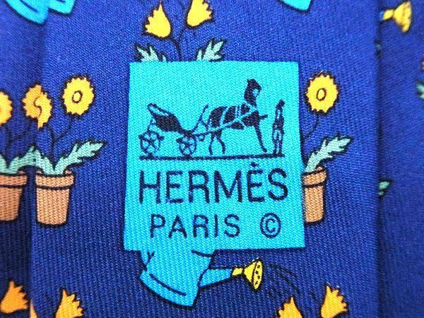 ■極美品■ HERMES エルメス シルク100% ジョウロ 鉢花 花柄 ネクタイ ビジネス 紳士 メンズ ネイビー系×マルチカラー DD5724_画像4