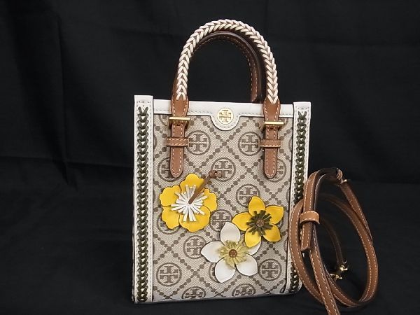 ■極美品■ TORY BURCH トリーバーチ Tモノグラム ジャガード×レザー フラワー 2WAY ハンドバッグ ショルダー ブラウン系 AR9975