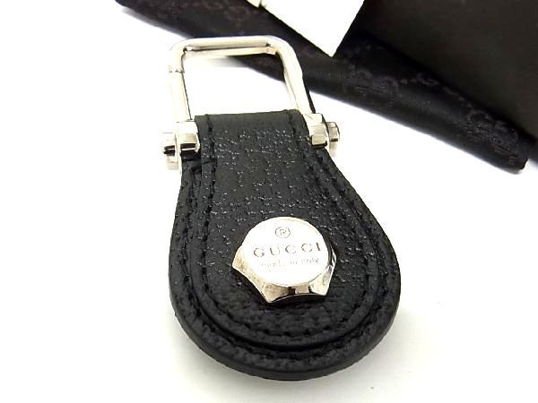 ■極美品■ GUCCI グッチ レザー バッグチャーム キーホルダー メンズ レディース ブラック系×シルバー系 BG4649