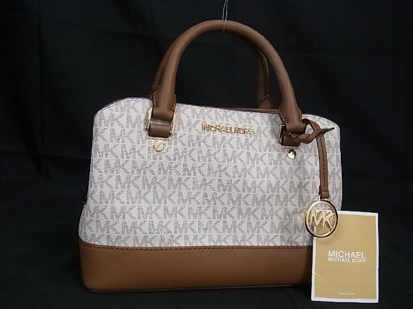 1円 ■美品■ MICHAEL KORS マイケルコース PVC×レザー MK柄 ハンドバッグ ミニバッグ アイボリー系×ブラウン系 AU0502_画像1