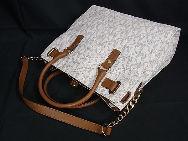 1円 ■美品■ MICHAEL KORS マイケルコース MK柄 PVC チェーン 2WAY トート ハンドバッグ ショルダー 斜め掛け オフホワイト系 CB1414_画像3