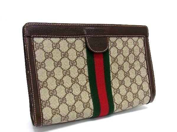 1円 GUCCI グッチ シェリーライン GG柄 PVC×レザー クラッチバッグ セカンドバッグ ハンドバッグ ブラウン系 AT2048_画像1