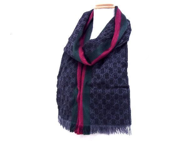 1円 ■美品■ GUCCI グッチ シェリーライン GG柄 マフラー フリンジ ストール ショール メンズ レディース ブラック系 AU1028_画像3