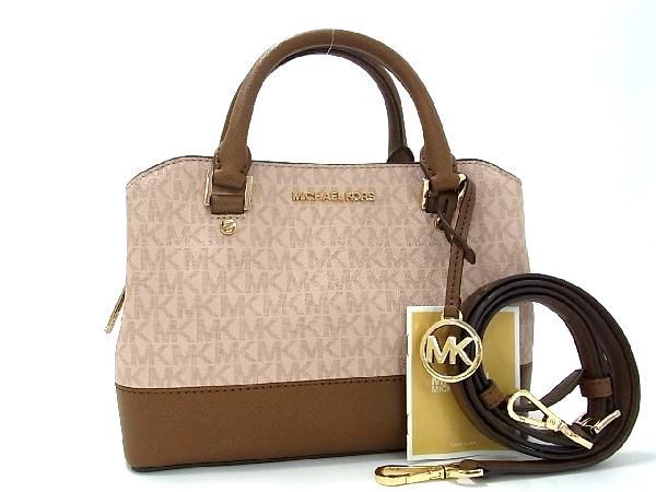 1円 ■極美品■ MICHAEL KORS マイケルコース MK柄 PVC×レザー 2WAY ハンドバッグ ミニバッグ ショルダー ピンク系×ブラウン系 AV0489_画像1