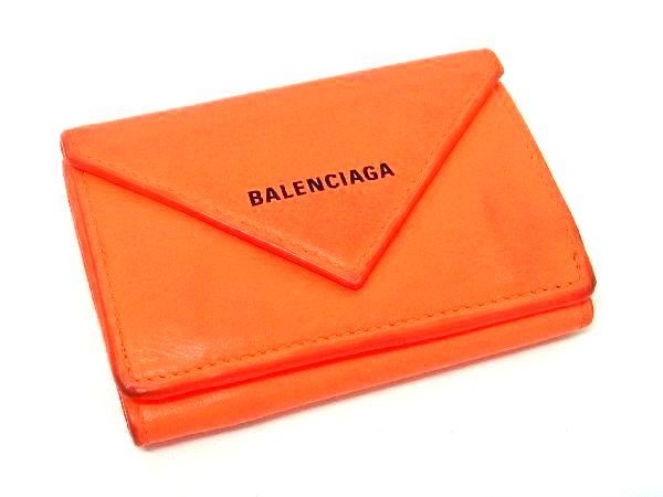 1円 BALENCIAGA バレンシアガ 391446 ペーパーミニ レザー 三つ折り コンパクト 財布 ウォレット オレンジ系 AS4055_画像1