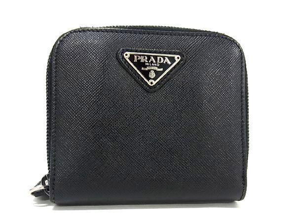 1円 ■極美品■ PRADA プラダ サフィアーノレザー 二つ折り 財布 ウォレット 札入れ 小銭入れ メンズ レディース ブラック系 AS4176_画像1