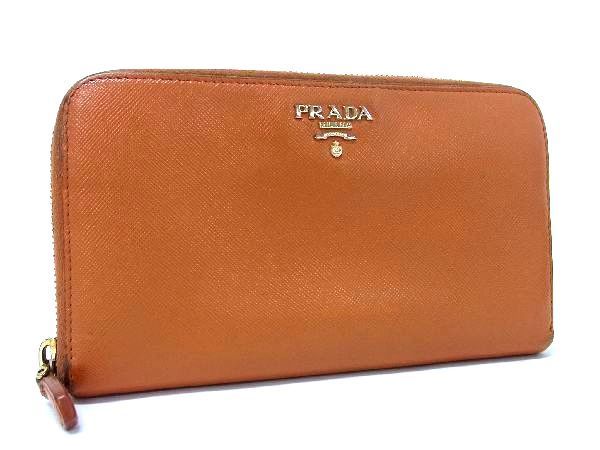 1円 PRADA プラダ サフィアーノレザー ラウンドファスナー 長財布 ウォレット 小銭入れ 札入れ レディース オレンジ系 AS4163_画像1