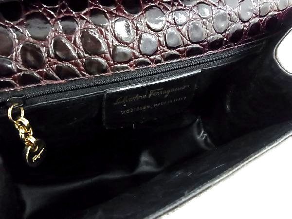 1円 Salvatore Ferragamo フェラガモ AQ213646 クロコダイル型押しレザー 2WAY ショルダーバッグ クラッチ 斜め掛け ボルドー系 AU2776_画像5