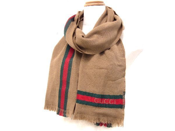 1円 ■美品■ GUCCI グッチ シェリーライン ウール90％×シルク10％ マフラー ストール 防寒具 レディース メンズ ブラウン系 AU1618_画像3