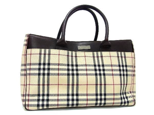 1円 ■美品■ BURBERRY バーバリー ノバチェック ナイロンキャンバス×レザー ハンドバッグ トートバッグ ベージュ系×ブラウン系 AS4389_画像1