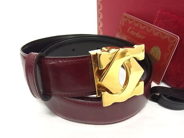 1円 ■美品■ Cartier カルティエ 2Cロゴ レザー ゴールド金具 ベルト メンズ ボルドー系 AV1611_画像1