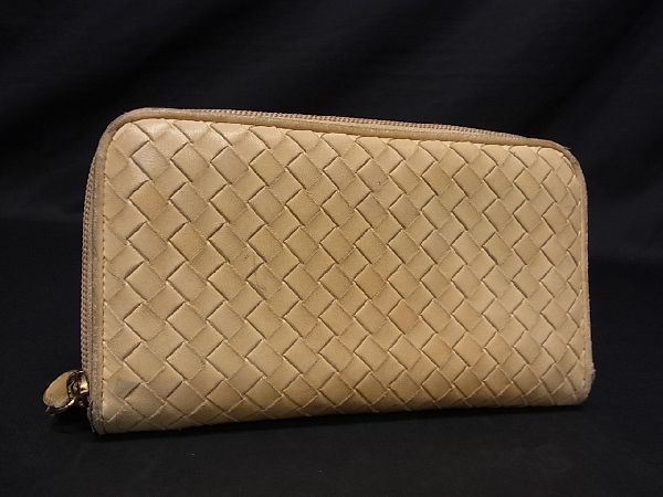 1円 BOTTEGA VENETA ボッテガヴェネタ イントレチャート レザー ラウンドファスナー 長財布 ウォレット ベージュ系 BG5137_画像1