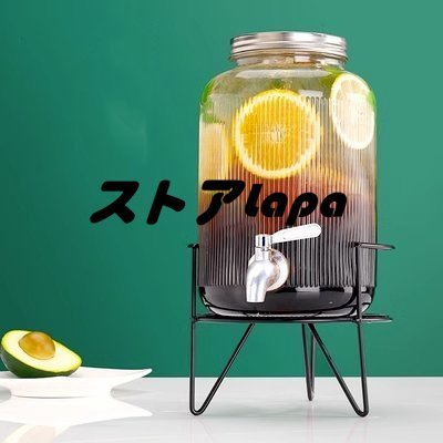 飲食店 家庭用 パーティー ジュース 酒 多人数用 4L 蛇口付き 鉄の樽スタンド付き ガラス ガラス酒瓶 ストライプ q2453