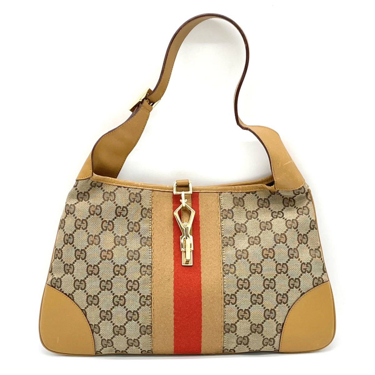 1円 GUCCI グッチ ジャッキー GGキャンバス レザー ブラウン ベージュ シェリーライン ワンショルダーバッグ ゴールド金具 001 4057_画像1