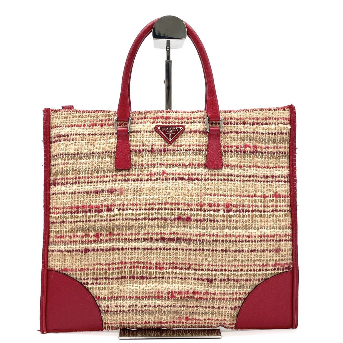 1円 極美品 PRADA プラダ ツイード レザー トートバッグ ハンドバッグ