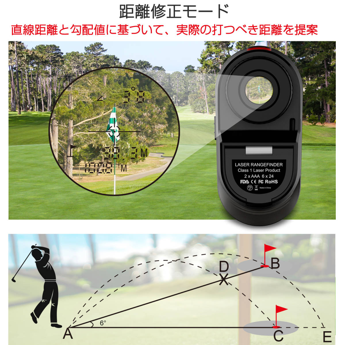 ゴルフ レーザー距離計 直線距離 高低差 水平距離 高低差 角度 高さ 測定器 6倍拡大 フォーカス 望遠 広角 高透過率 アウトドア 野鳥観察 _画像9