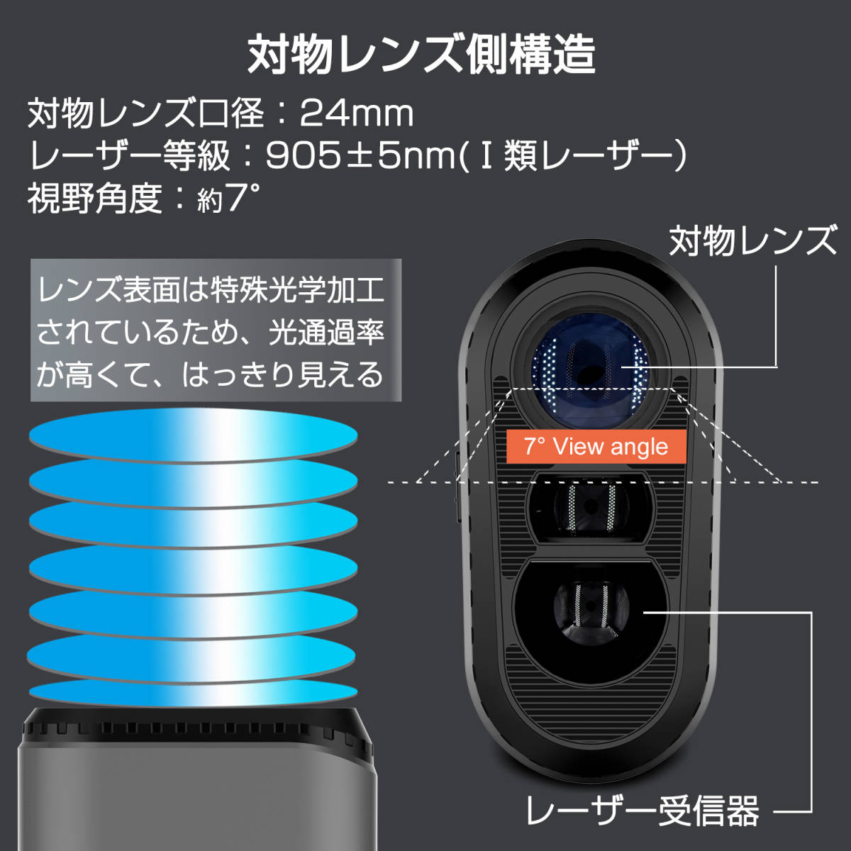 ゴルフ レーザー距離計 直線距離 高低差 水平距離 高低差 角度 高さ 測定器 6倍拡大 フォーカス 望遠 広角 高透過率 アウトドア 野鳥観察 _画像3