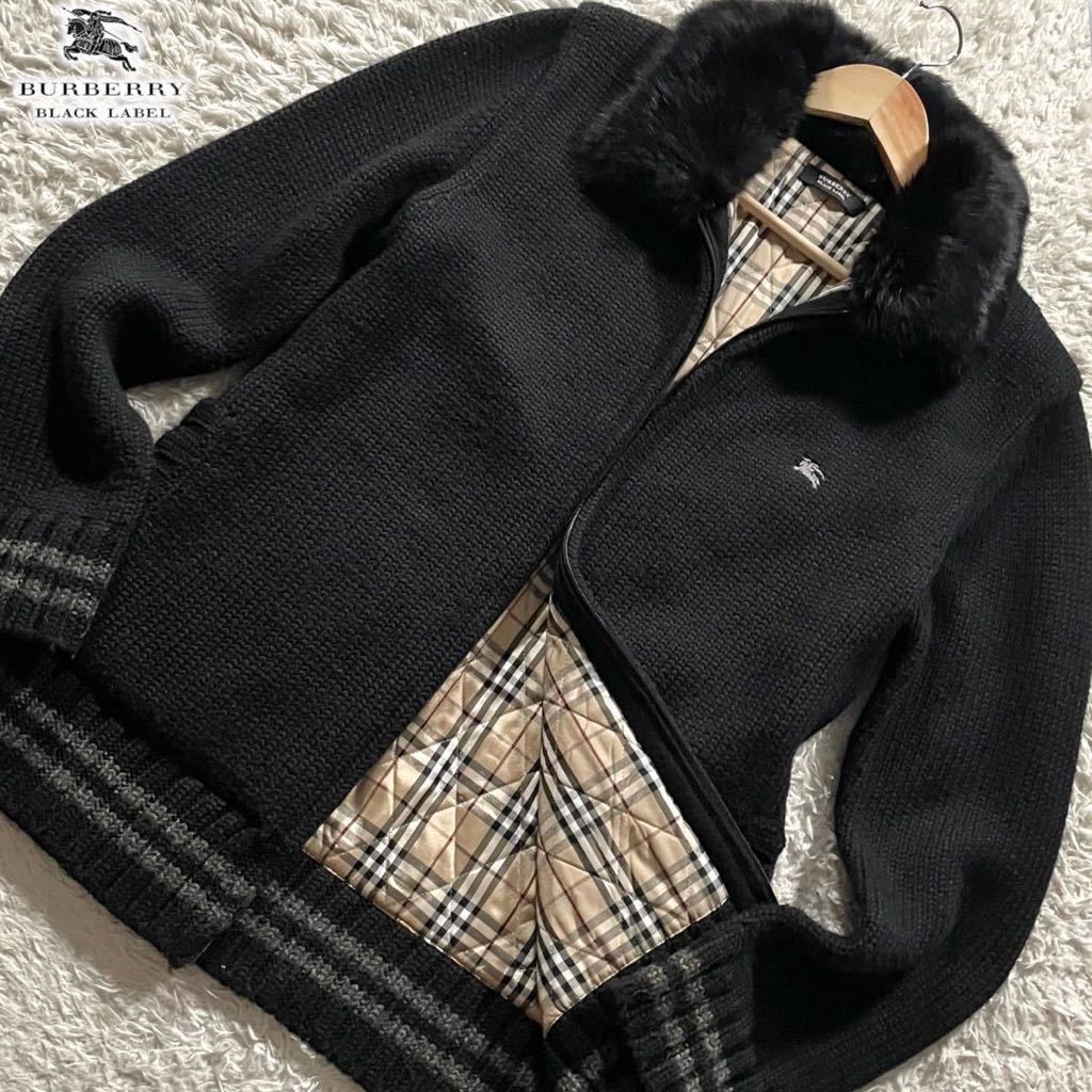 美品/Lサイズ●バーバリーブラックレーベル 極上ウール混 ラビットファー ニットジャケット BURBERRY BLACK LABEL ホースロゴ ノバチェック_画像1