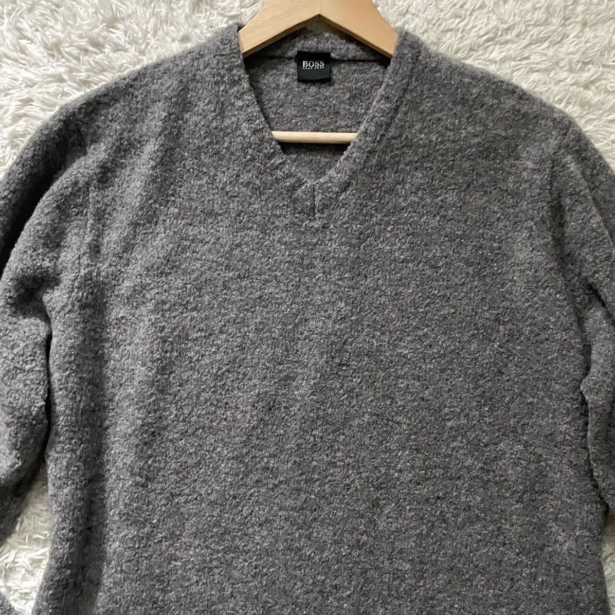 極美品/XLサイズ●ヒューゴ ボス ニット セーター Vネック 長袖 HUGO BOSS 起毛 ウール80% ストレッチ グレー モコモコ 大谷翔平 50_画像2