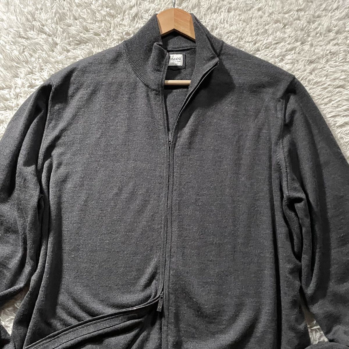 美品/3L相当●アルマーニ コレツィオーニ ドライバーズニット ジップ ジャケット カーディガン ARMANI COLLEZIONI ウール ロゴプレート XXL_画像2