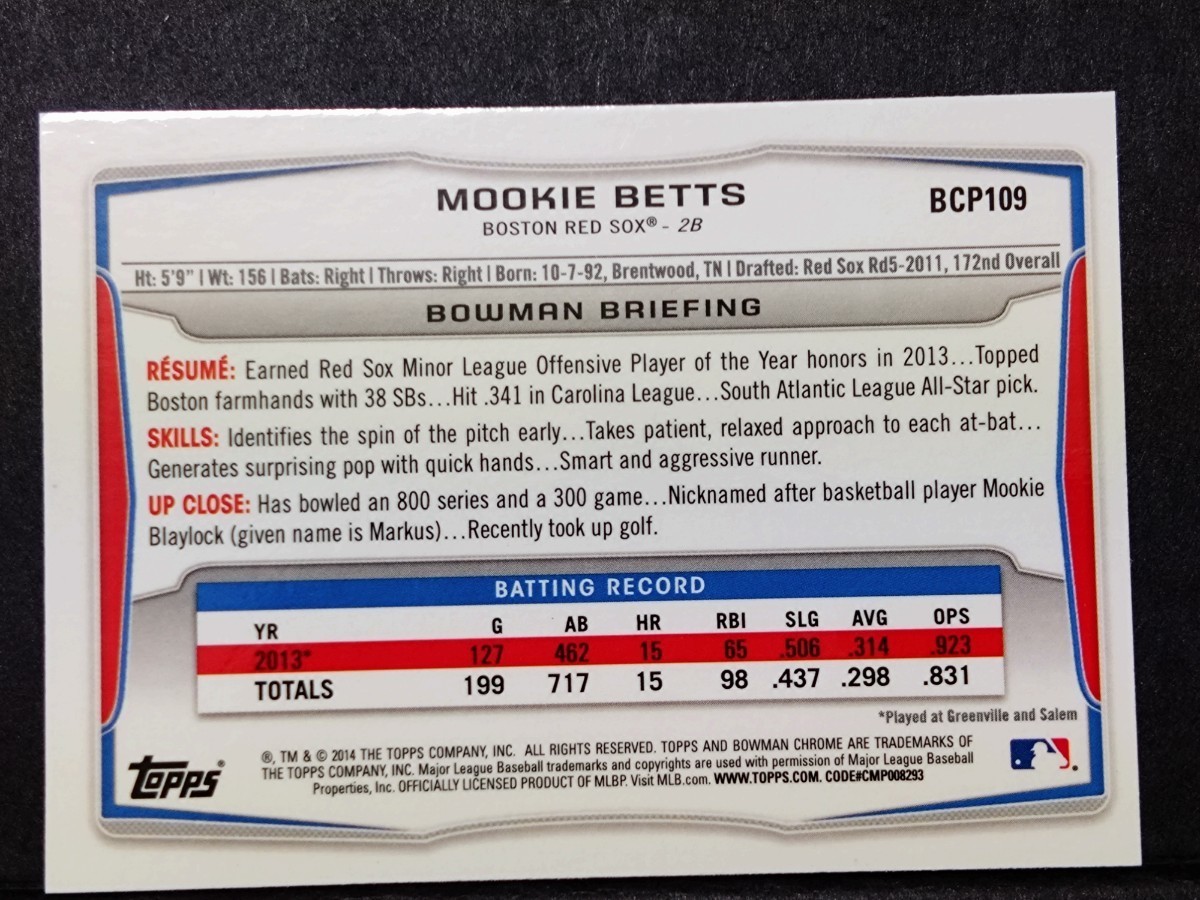 2014 bowman chrome 1st #BCP109 MOOKIE BETTS RC rookie ムーキー ベッツ ルーキー 現ドジャース_画像4