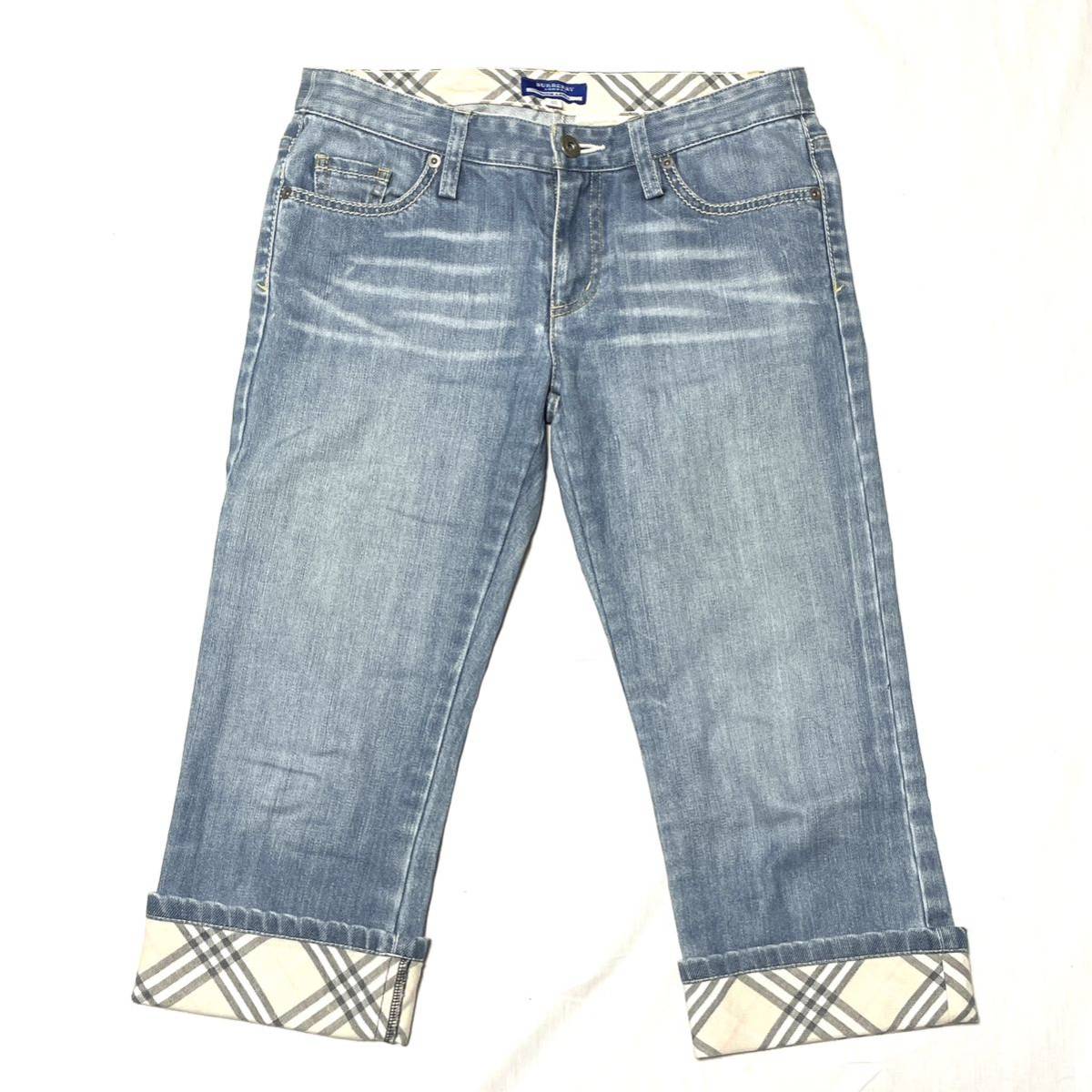 BURBERRY BLUE LABEL クロップド デニム パンツ ジーンズ 25 ブルー ノバチェック柄 ストレッチ ジッパーフライ (r620)_画像1