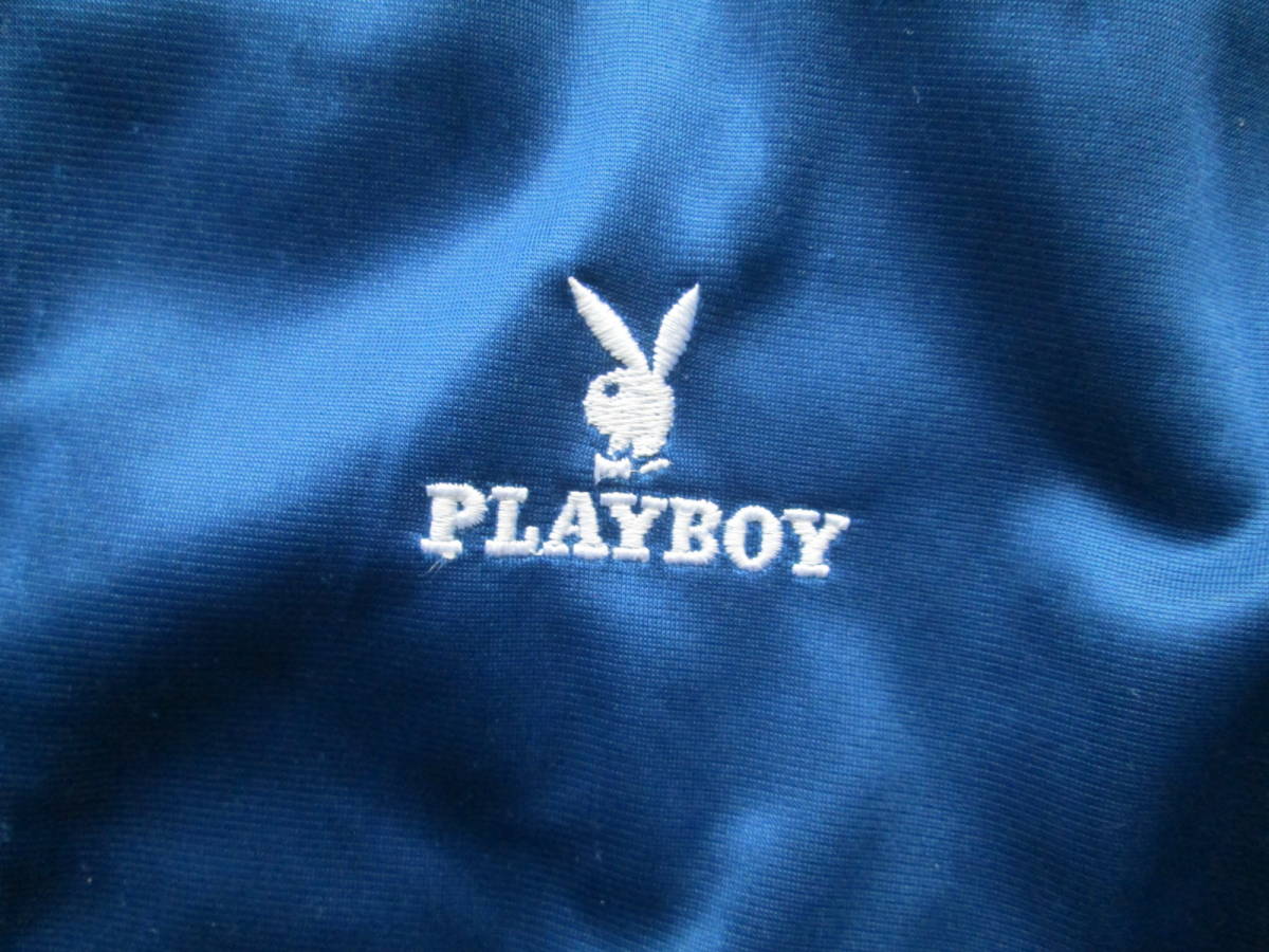 【未使用・美品・良好】90's vintage ビンテージ ◆ PLAYBOY プレイボーイ トラックジャケット ジャージ Lサイズ 青 ロゴ刺繍 袖ライン _画像4